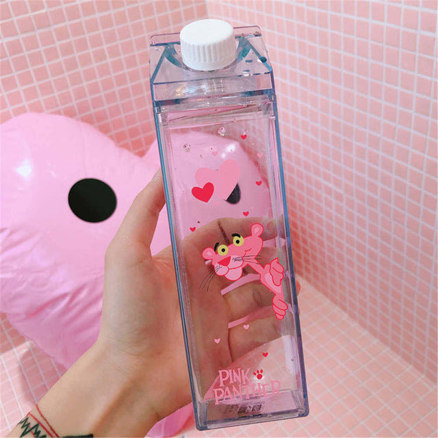 Unique Mini Cute Water bottles Milk Box Shape Transparent Plastic Cartoon pink panther Drink Bottle Coffee Beer Drinkware