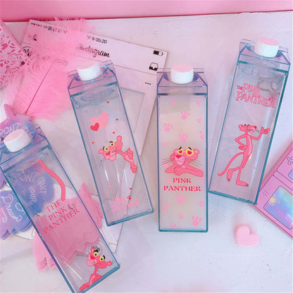 Unique Mini Cute Water bottles Milk Box Shape Transparent Plastic Cartoon pink panther Drink Bottle Coffee Beer Drinkware