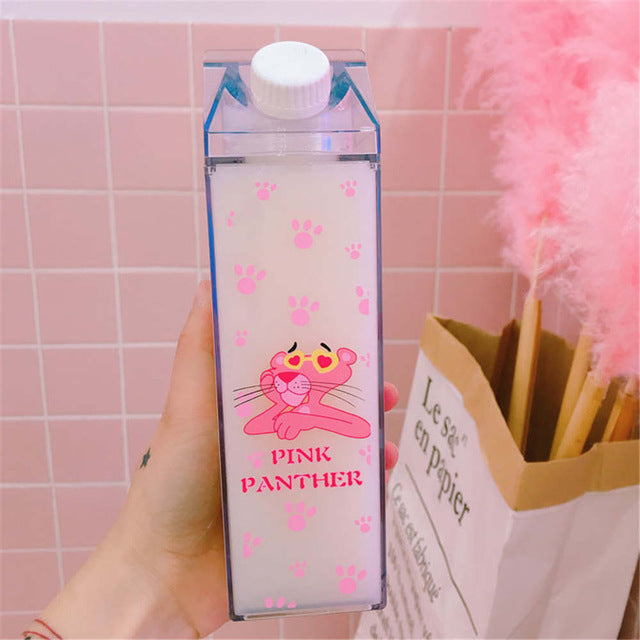 Unique Mini Cute Water bottles Milk Box Shape Transparent Plastic Cartoon pink panther Drink Bottle Coffee Beer Drinkware