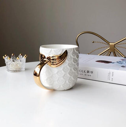 Beauty Mermaid Handle Large Capacity Tea Milk Cups And Mugs Pearl Glaze Gold Coffee Mug Drinkware 420ML