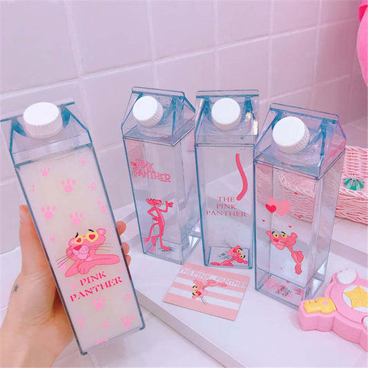 Unique Mini Cute Water bottles Milk Box Shape Transparent Plastic Cartoon pink panther Drink Bottle Coffee Beer Drinkware