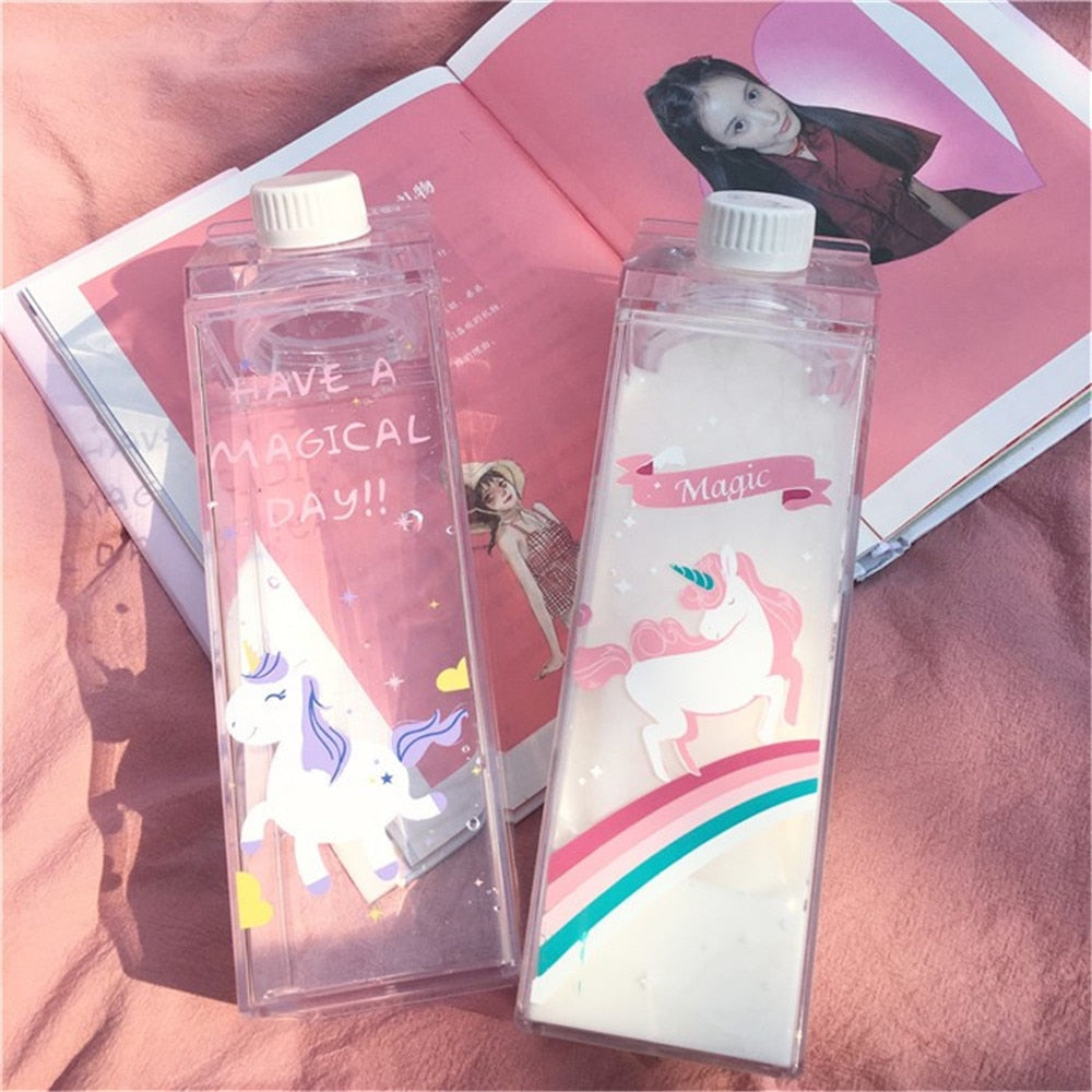 Unique Mini Cute Water bottles Milk Box Shape Transparent Plastic Cartoon pink panther Drink Bottle Coffee Beer Drinkware