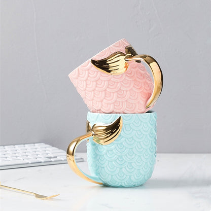 Beauty Mermaid Handle Large Capacity Tea Milk Cups And Mugs Pearl Glaze Gold Coffee Mug Drinkware 420ML