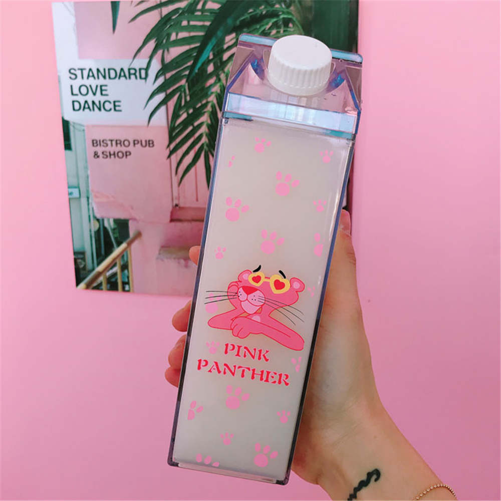 Unique Mini Cute Water bottles Milk Box Shape Transparent Plastic Cartoon pink panther Drink Bottle Coffee Beer Drinkware