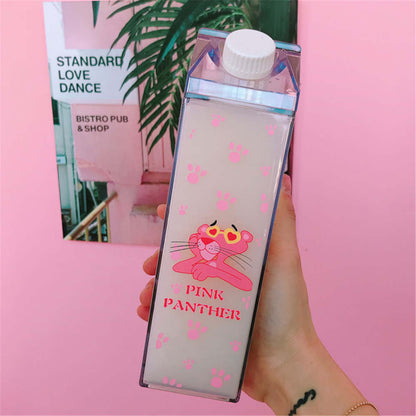 Unique Mini Cute Water bottles Milk Box Shape Transparent Plastic Cartoon pink panther Drink Bottle Coffee Beer Drinkware