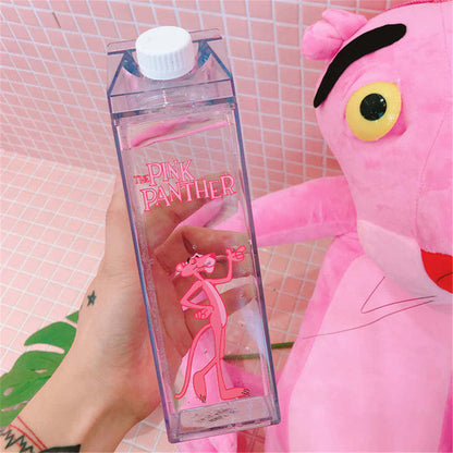 Unique Mini Cute Water bottles Milk Box Shape Transparent Plastic Cartoon pink panther Drink Bottle Coffee Beer Drinkware