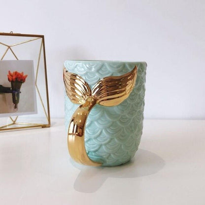 Beauty Mermaid Handle Large Capacity Tea Milk Cups And Mugs Pearl Glaze Gold Coffee Mug Drinkware 420ML