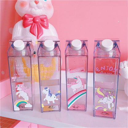 Unique Mini Cute Water bottles Milk Box Shape Transparent Plastic Cartoon pink panther Drink Bottle Coffee Beer Drinkware